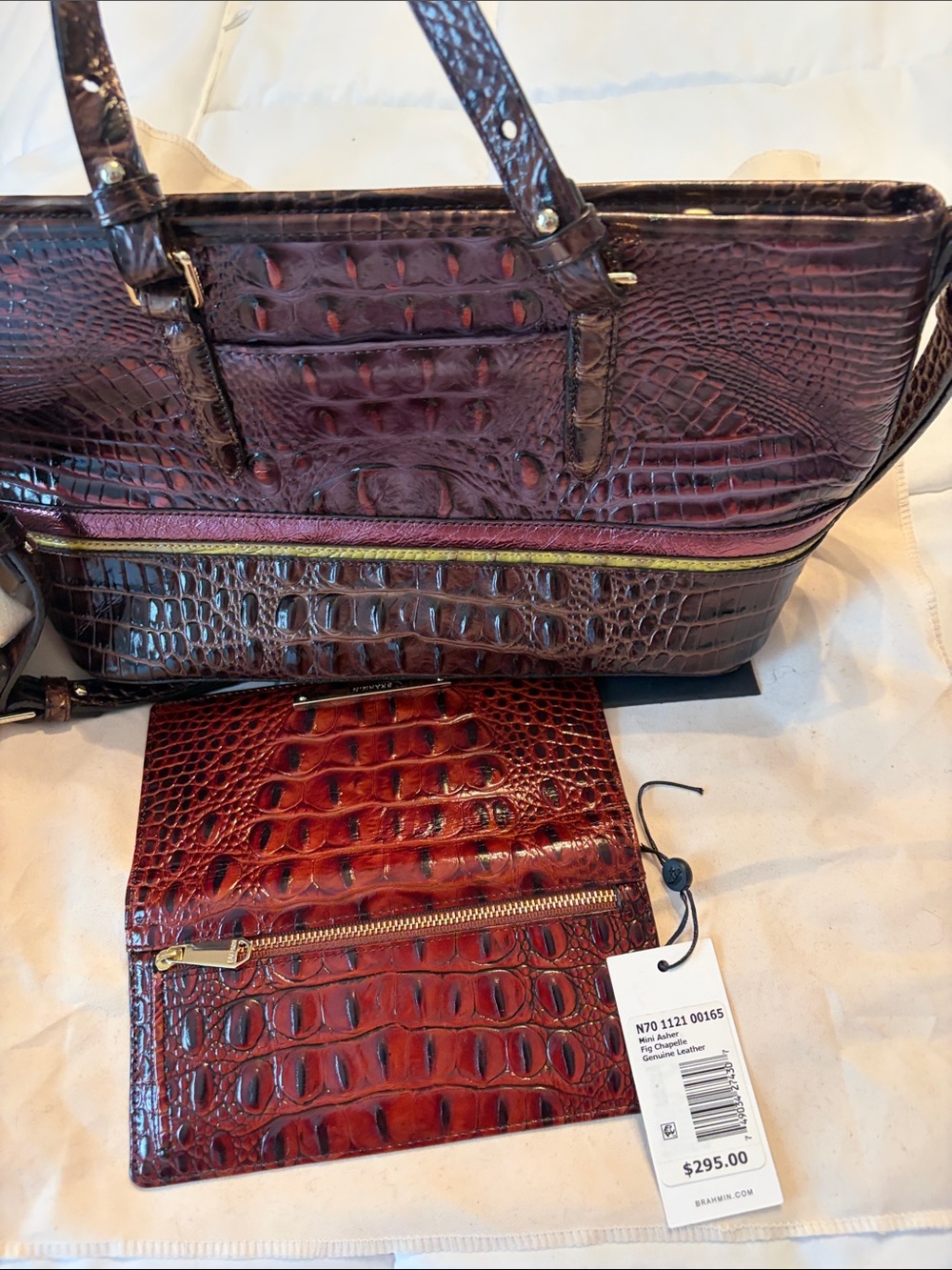 Brahmin Teal and Brown Croc-Embossed Top Handle Satchel with Buckle Accent - Picture 5 of 5